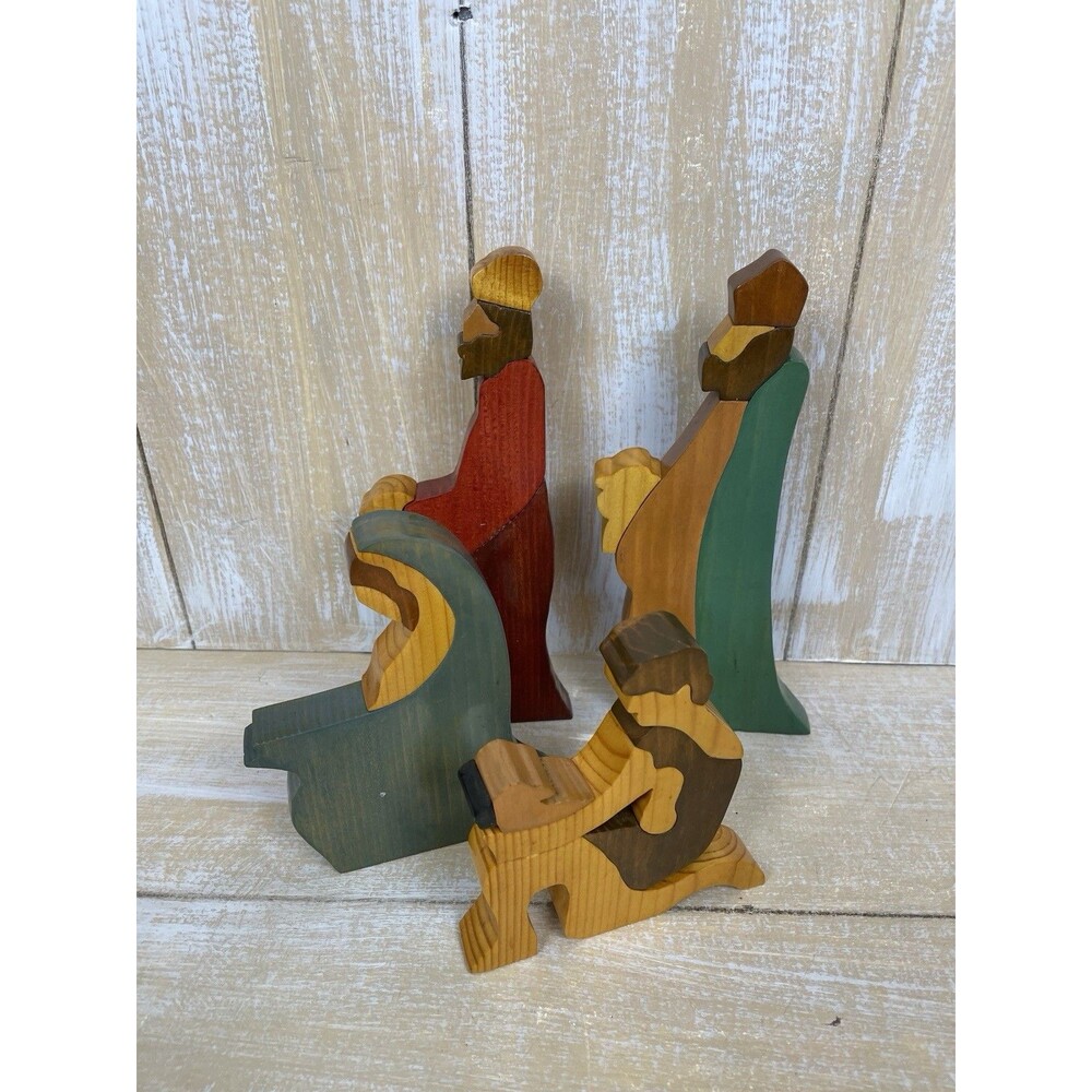 Handmade 4 pc Wooden Nativity Figures Set 5-8”tall Multi Color Wood Stains